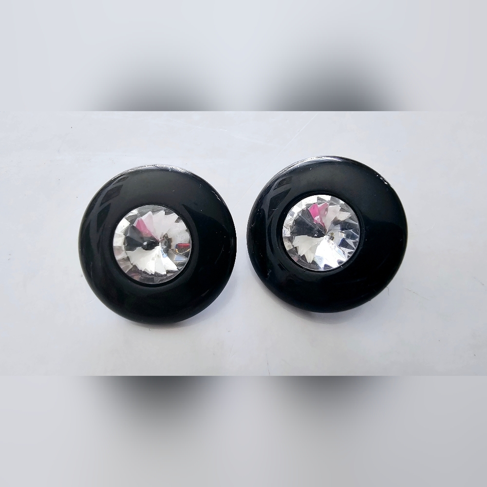 90s does 1960s replica black circle round faceted rhinestone earrings